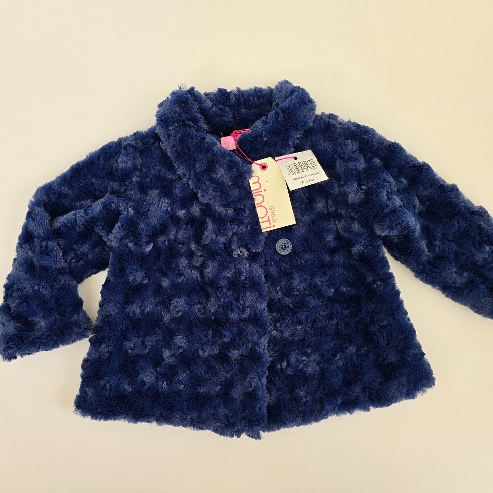 MINOTI faux fur toddler dress jacket, Navy with swirl pattern, New with tags
